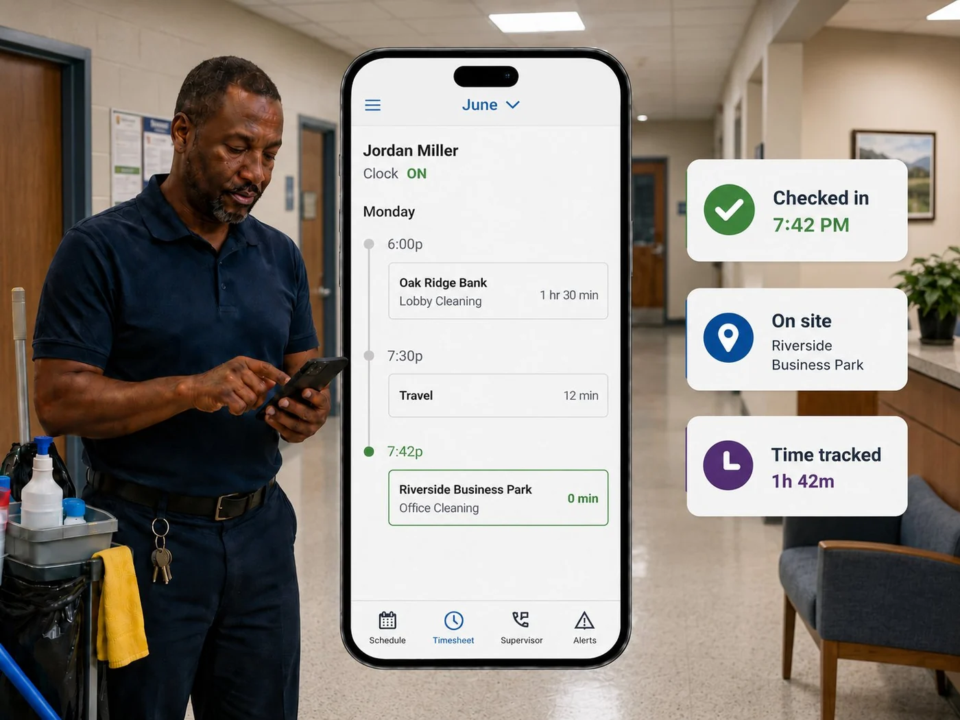 man clocking off on phone