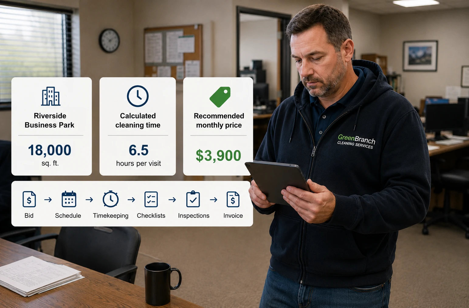 man using a tablet and a summary graphic on the screen